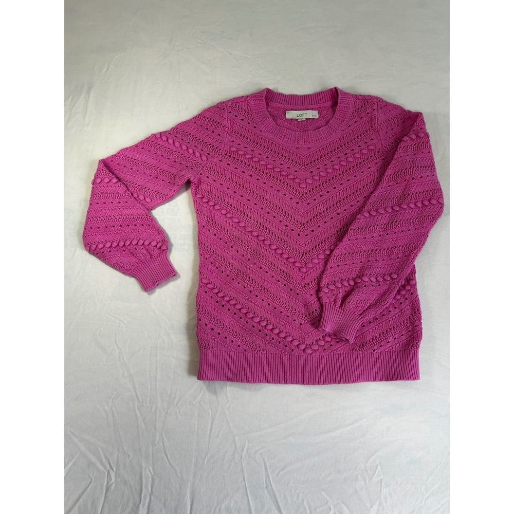 Loft Petites Magenta Pink Pointelle Bobble Chevron Cotton Sweater XSP